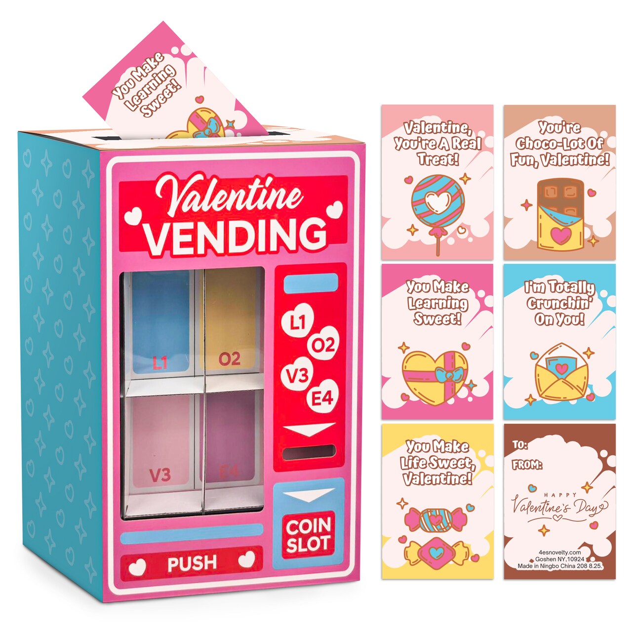 4E's Novelty Valentine Vending Machine Box with 25 Valentine Cards for Kid, Red and Pink Valentines Boxes for Kids Classroom, Valentines Gift Boxes for Kids In Classroom Exchange Party Favors and Fun